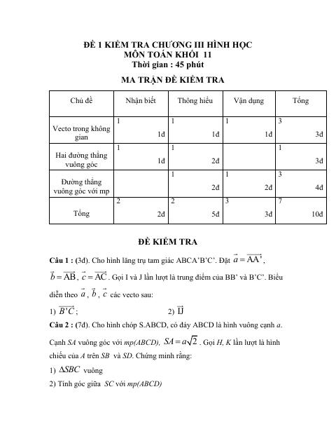 Đề kiểm tra 1 tiết Hình học 11 chương 3 có lời giải chi tiết